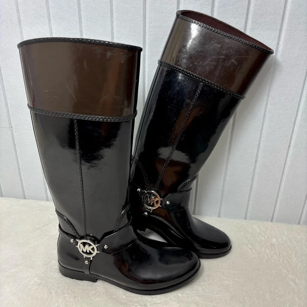 Michael Kors Fulton Tall Rain Boots Black‎ and brownSize 8